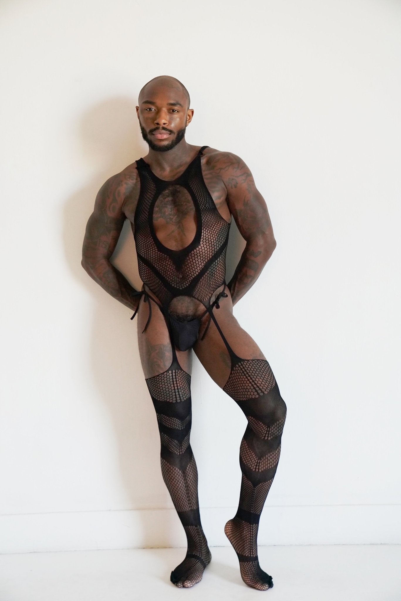 Men s Black Hollow V Fishnet Mesh See through Bodysuit Stretchable TB BondMen