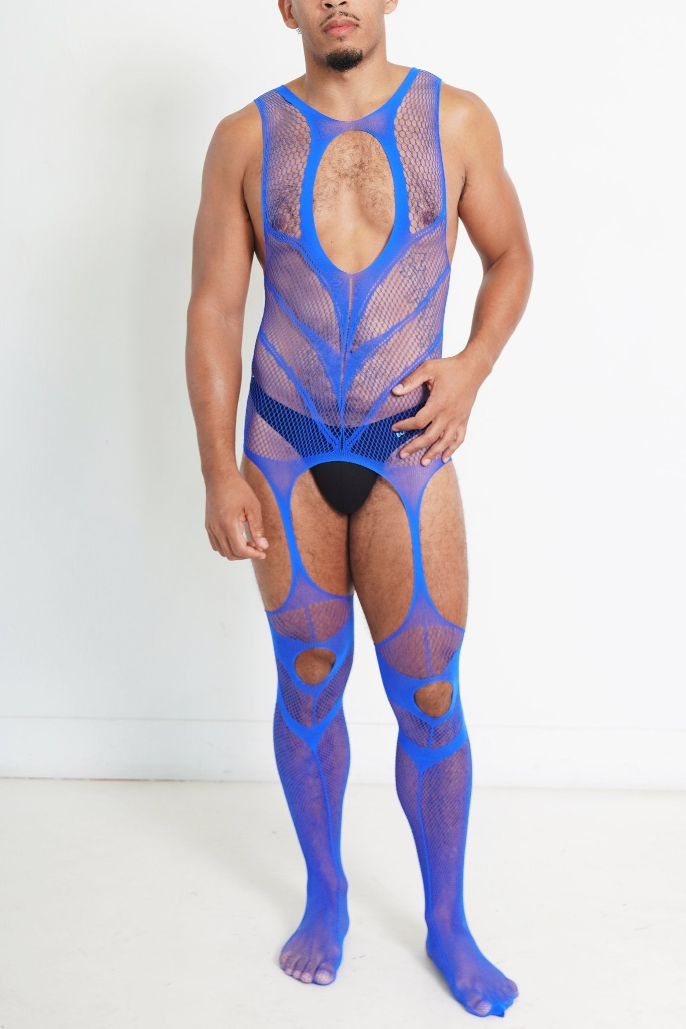 Men's Blue V Fishnet Mesh Sleeveless See - through Bodysuit Sexy Lingerie - TB - BondMenBody Suit