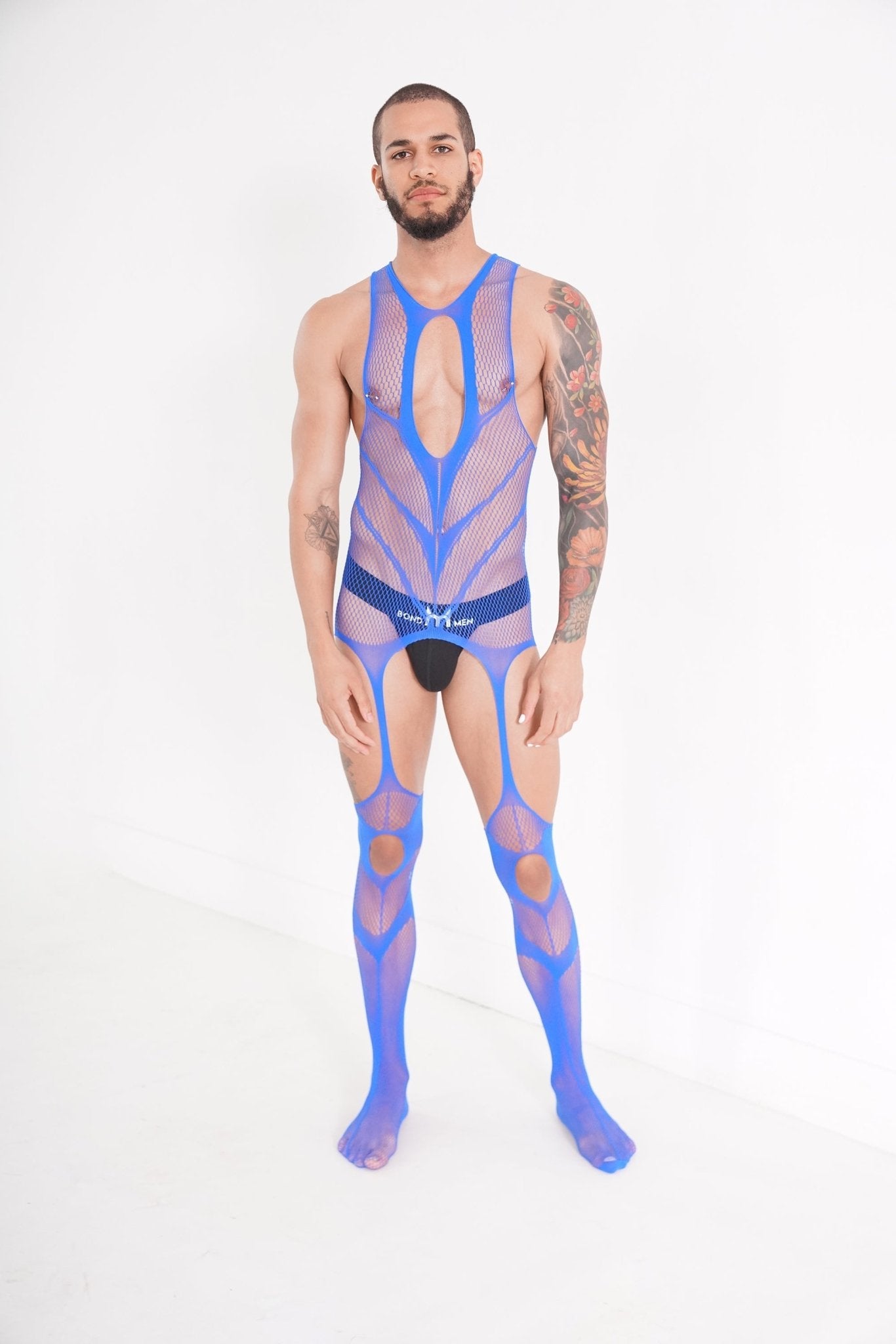 Men's Blue V Fishnet Mesh Sleeveless See - through Bodysuit Sexy Lingerie - TB - BondMenBody Suit