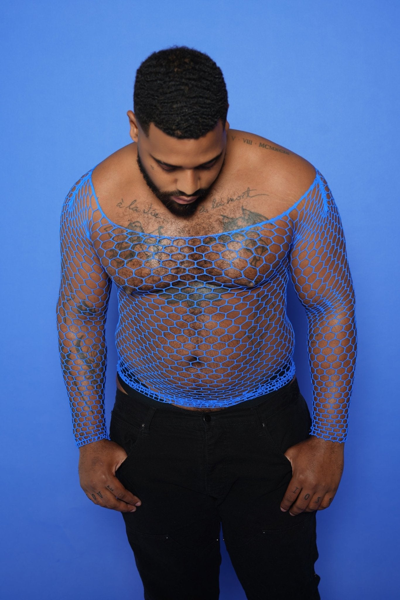 Men s Blue Fishnet Mesh Long Sleeve Tee Tops Bodysuit Stretchable TB BondMen