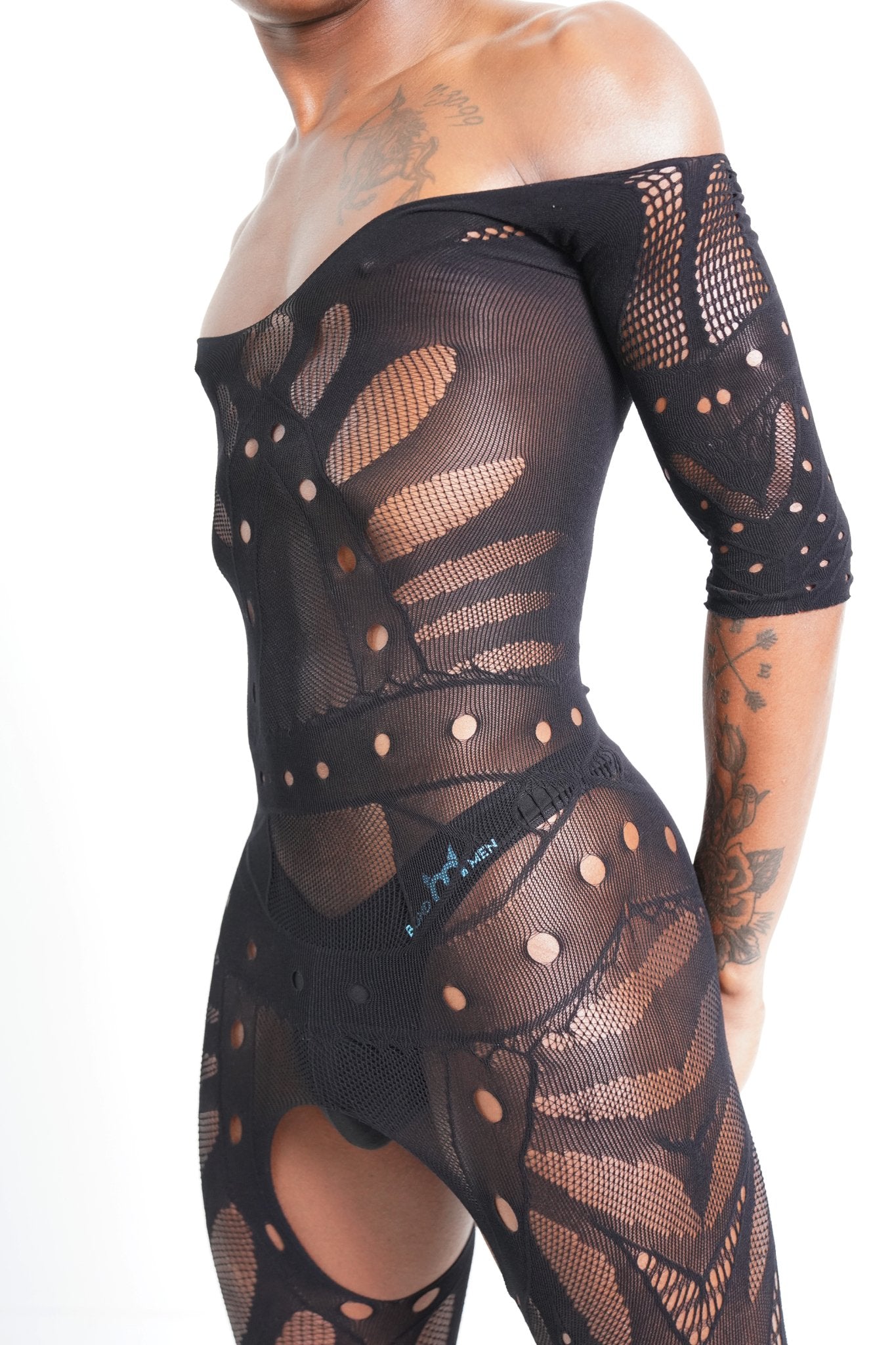 Black Hollow Mesh Bodysuit - TB-BondMenBody Suit