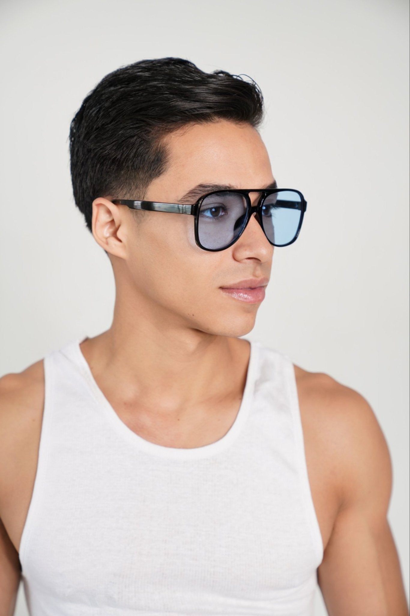 Oversized Blue Tint Retro Black Framed Sunglasses - TB-BondMenSunglasses