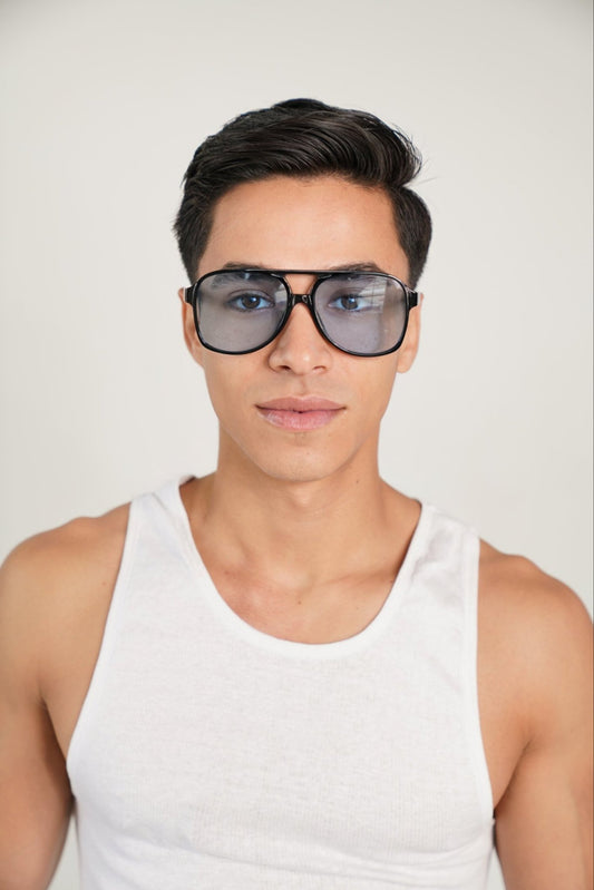 Oversized Blue Tint Retro Black Framed Sunglasses - TB-BondMenSunglasses